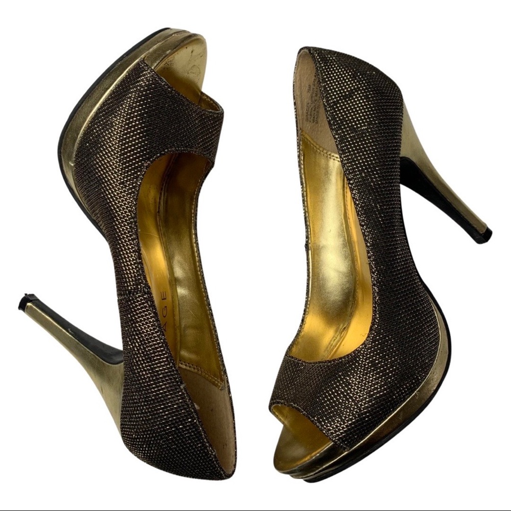 Rampage women's black and gold peep toe heels, 7.5
